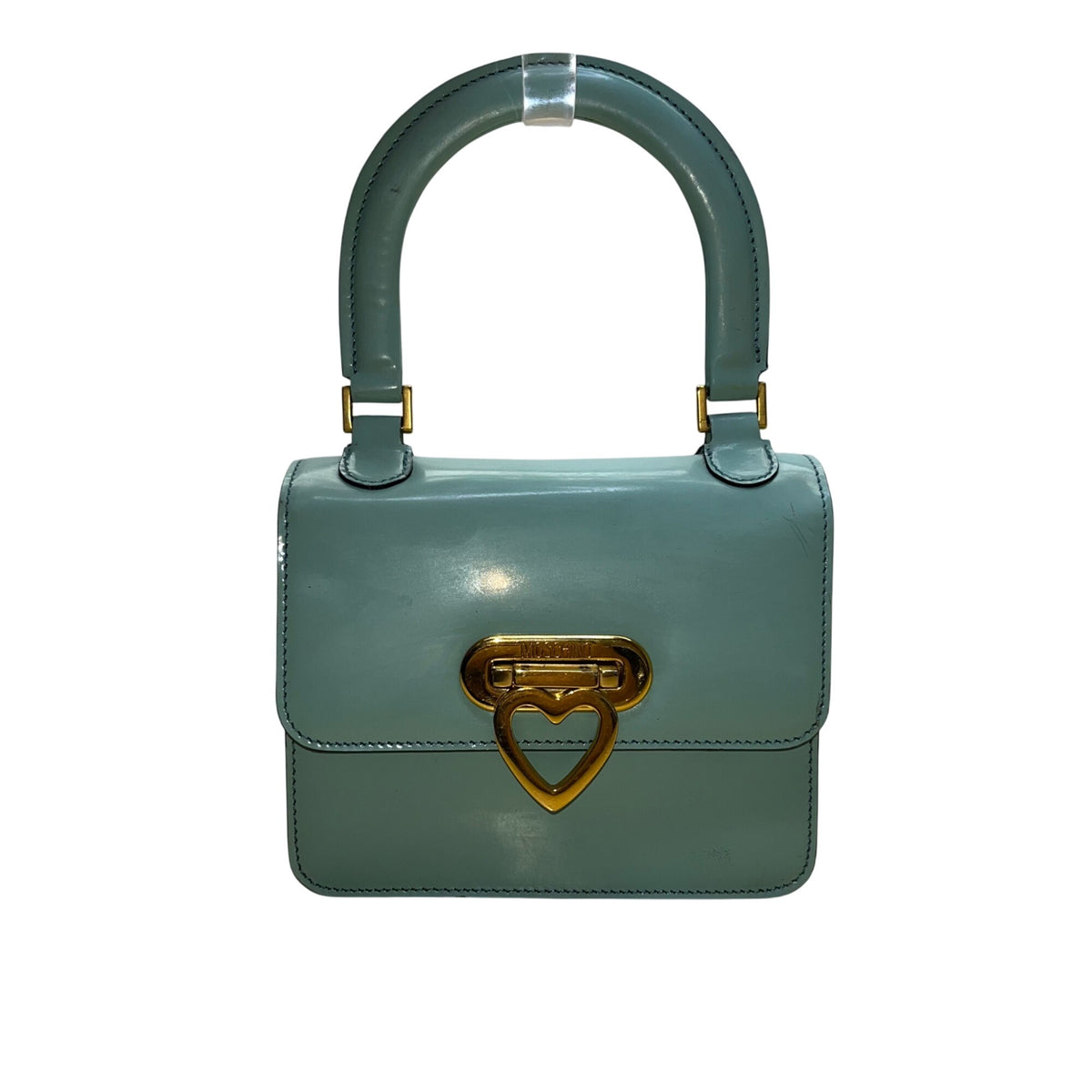 Moschino Women’s Light Blue Leather Gold Logo Hardware Structured Clutch Handbag