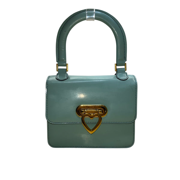 Moschino Women’s Light Blue Leather Gold Logo Hardware Structured Clutch Handbag