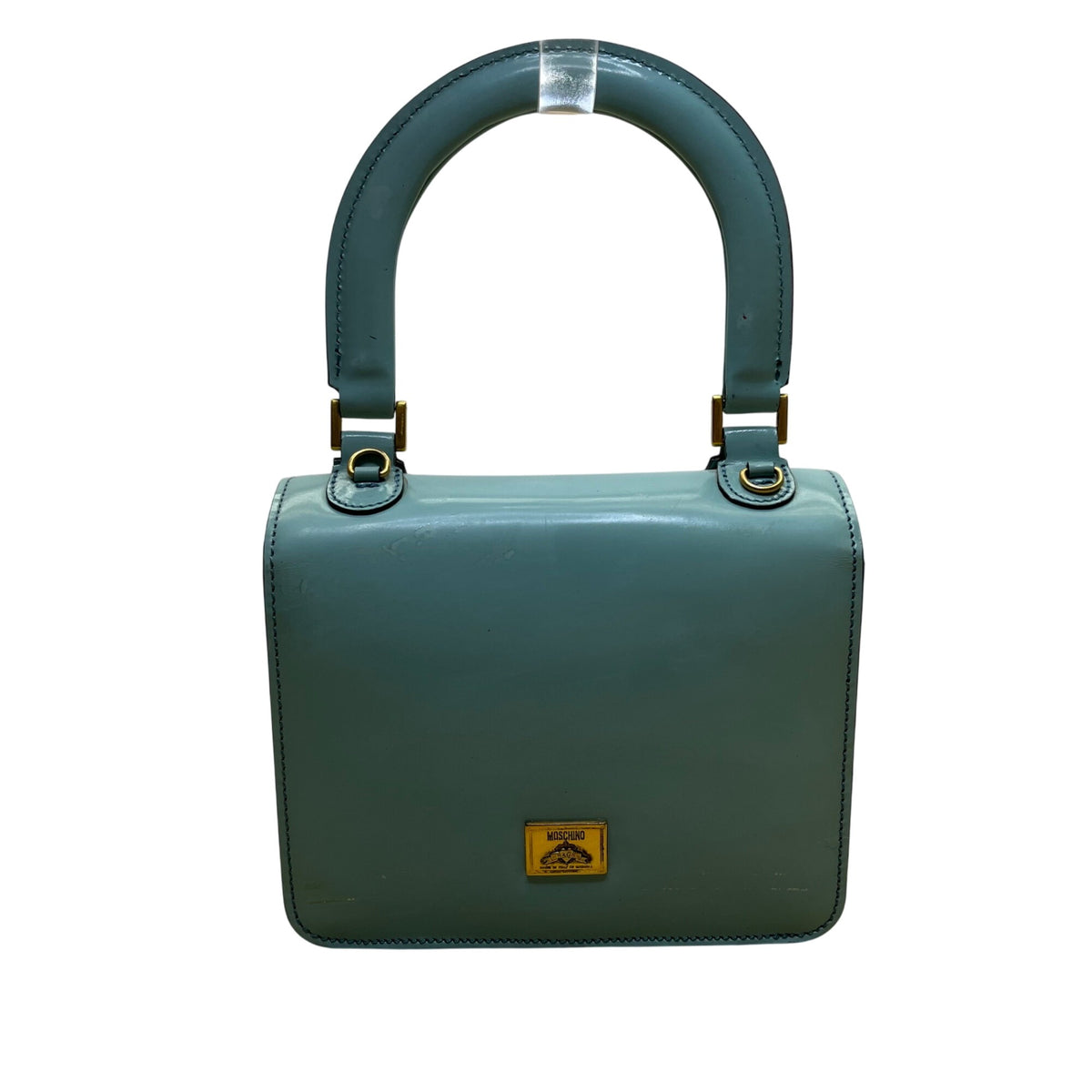 Moschino Women’s Light Blue Leather Gold Logo Hardware Structured Clutch Handbag