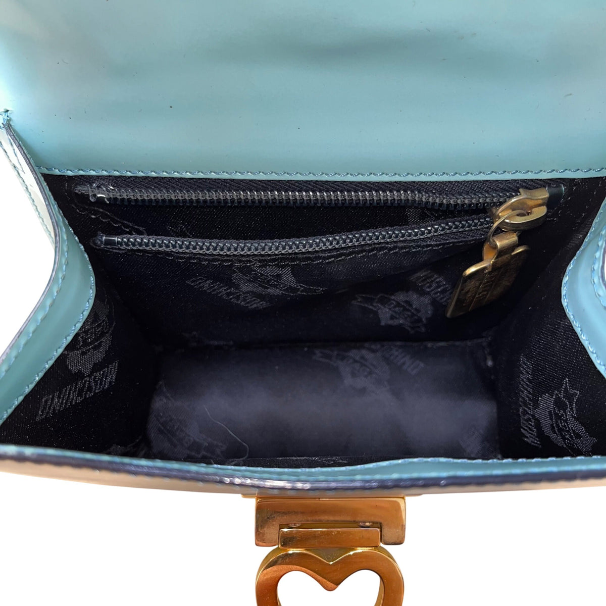 Moschino Women’s Light Blue Leather Gold Logo Hardware Structured Clutch Handbag