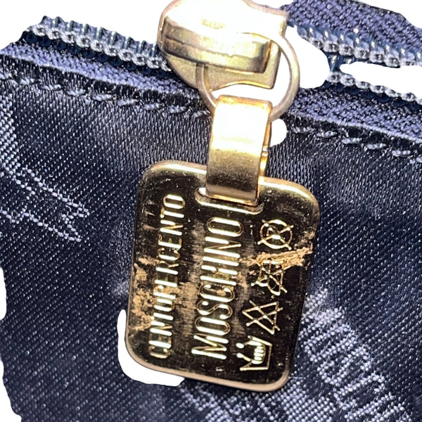 Moschino Women’s Light Blue Leather Gold Logo Hardware Structured Clutch Handbag