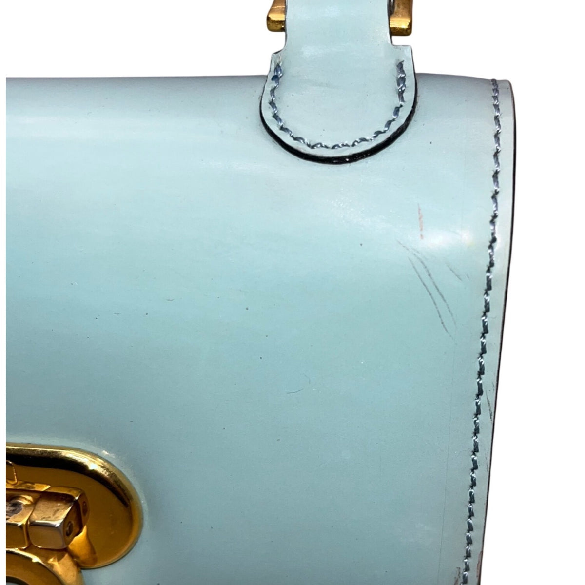 Moschino Women’s Light Blue Leather Gold Logo Hardware Structured Clutch Handbag