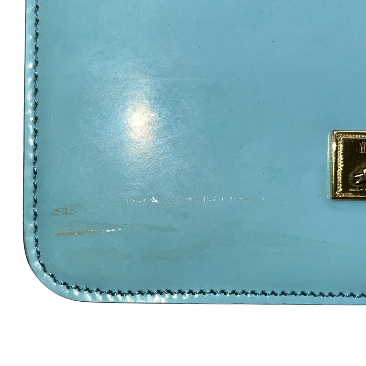 Moschino Women’s Light Blue Leather Gold Logo Hardware Structured Clutch Handbag