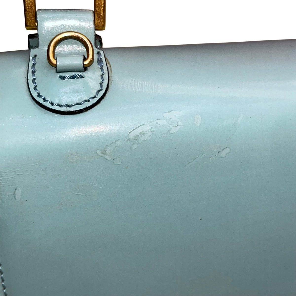 Moschino Women’s Light Blue Leather Gold Logo Hardware Structured Clutch Handbag