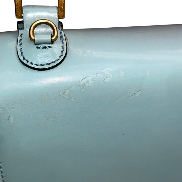 Moschino Women’s Light Blue Leather Gold Logo Hardware Structured Clutch Handbag