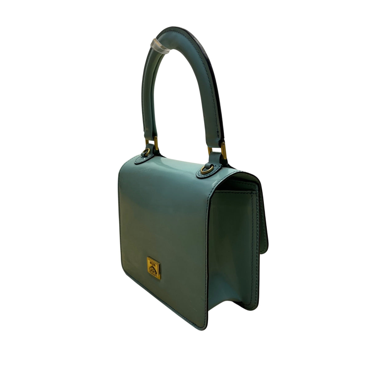 Moschino Women’s Light Blue Leather Gold Logo Hardware Structured Clutch Handbag