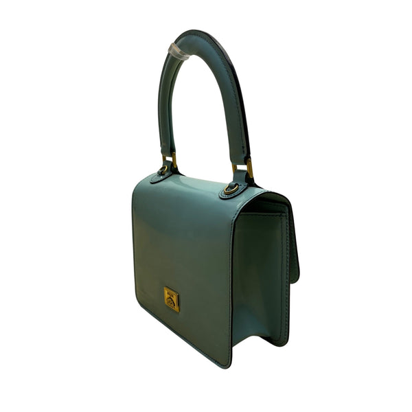 Moschino Women’s Light Blue Leather Gold Logo Hardware Structured Clutch Handbag