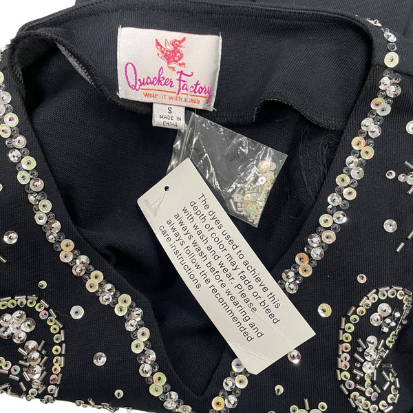 Quacker Factory Women’s Black Long-Sleeve Blouse With Rhinestones Sz S - New