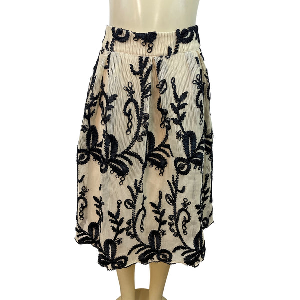 DRA Los Angeles Mesh Lace Overlay Midi Skirt With Black Embroidery Sz M