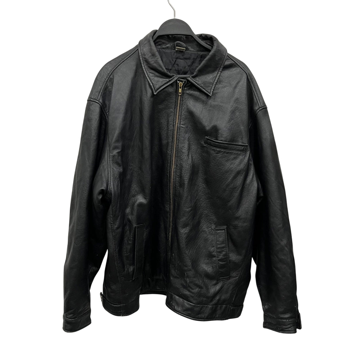 Black Leather Mens Jacket Large Full-Zip Classic Style By China Polyester Lining