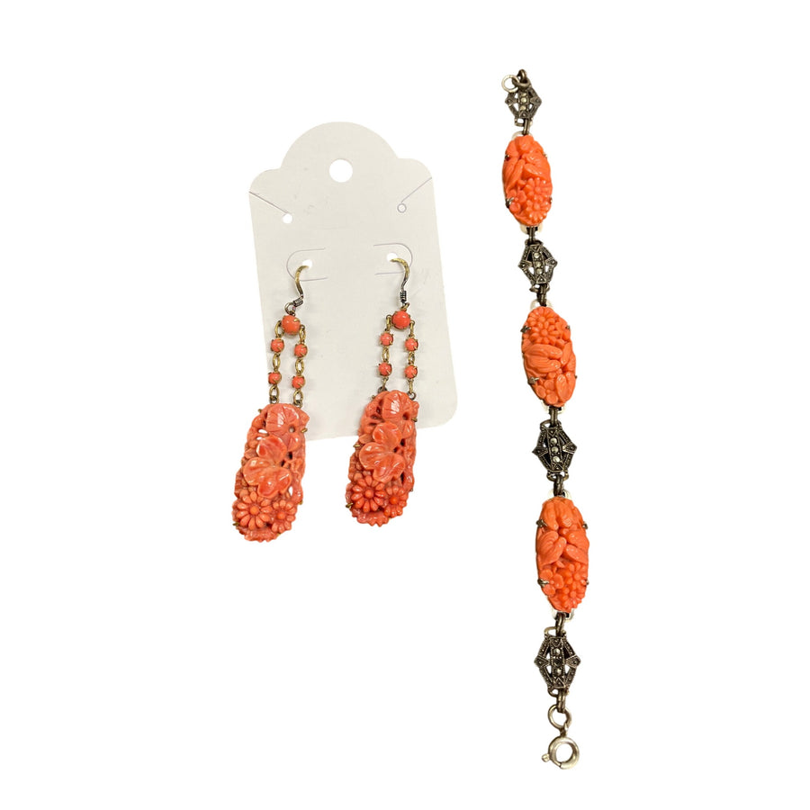 Vintage Coral Floral Earrings & Bracelet Set