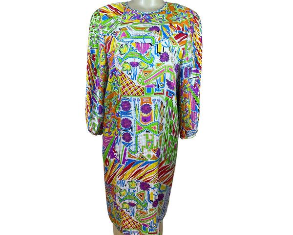 Vintage Diane Freis Women's Multicolor Long Sleeve Midi Shift Dress