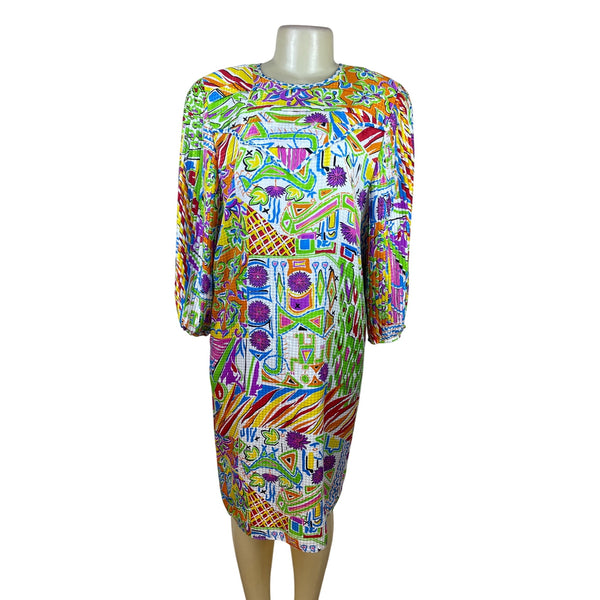 Vintage Diane Freis Women's Multicolor Long Sleeve Midi Shift Dress