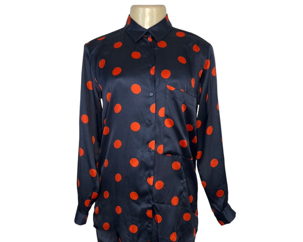 Zara Black & Red Polka Dot Long Sleeve Satin Button-Up Shirt Size M