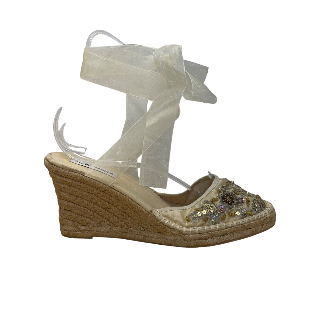 Steve Madden Women’s Beige Fabric Beaded Ribbon P-Boca Wedge Sandals Sz 8.5M