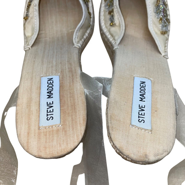 Steve Madden Women’s Beige Fabric Beaded Ribbon P-Boca Wedge Sandals Sz 8.5M