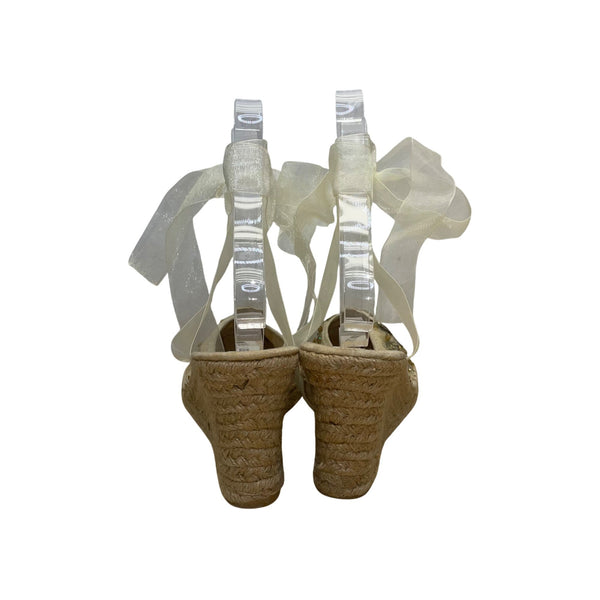 Steve Madden Women’s Beige Fabric Beaded Ribbon P-Boca Wedge Sandals Sz 8.5M