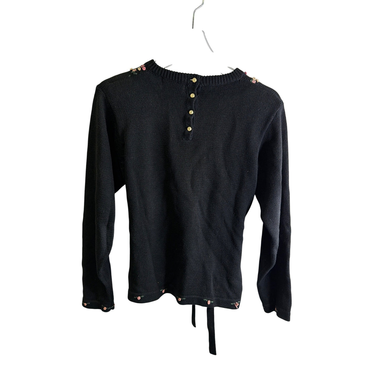 Black Long Sleeve Knit Sweater By J. Christopher With Floral Embroidery & Button Details Size S Tie Back Waist