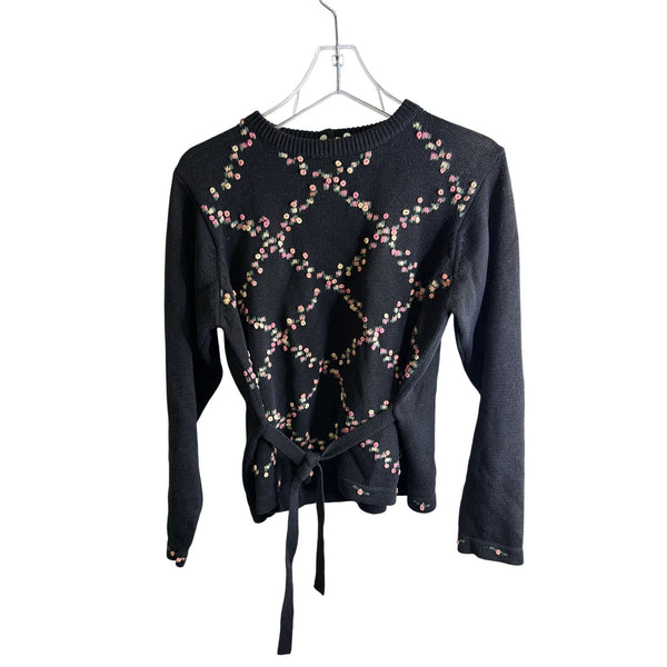 Black Long Sleeve Knit Sweater By J. Christopher With Floral Embroidery & Button Details Size S Tie Back Waist