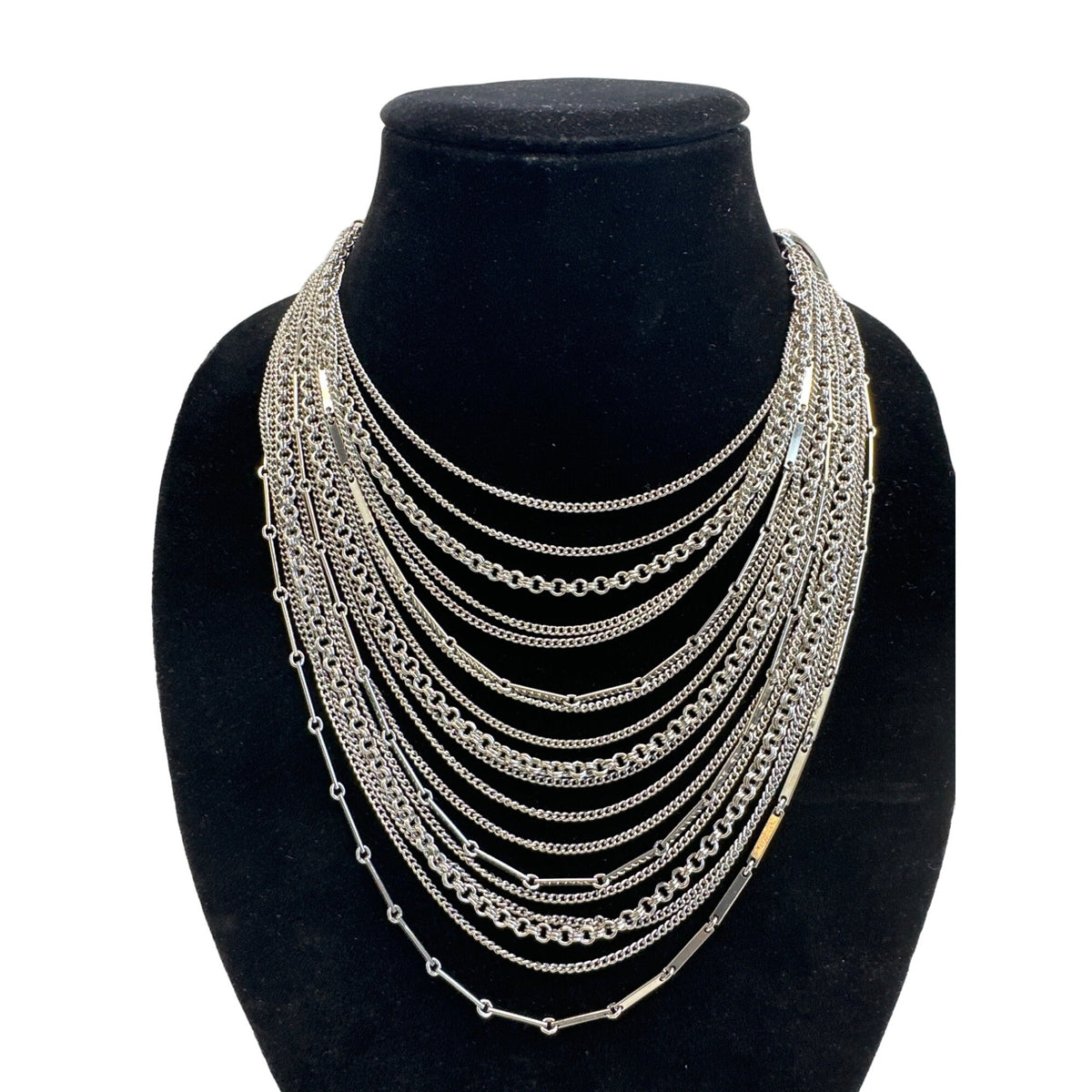 Women's Silver Tone Multi Layer Bib Chain Necklace - 17in