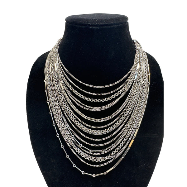 Women's Silver Tone Multi Layer Bib Chain Necklace - 17in