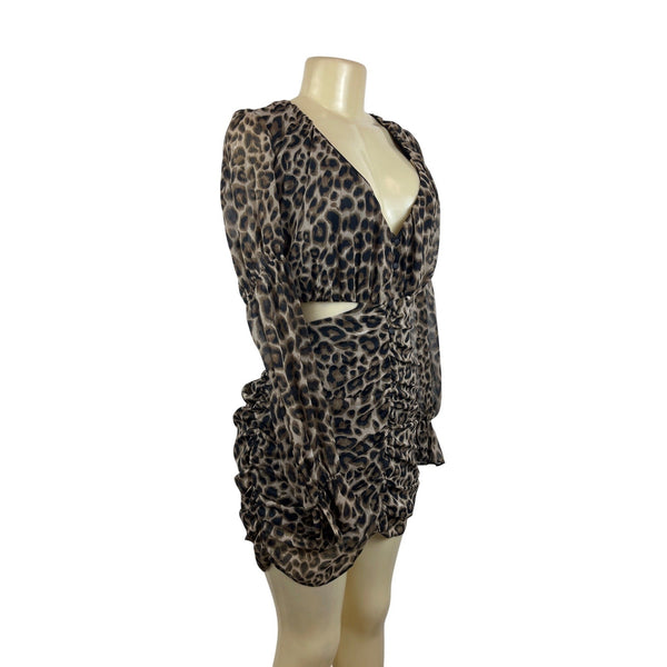 Asos Leopard Print Design Long Sleeve Cut-Out Mini Dress Sz10 - New