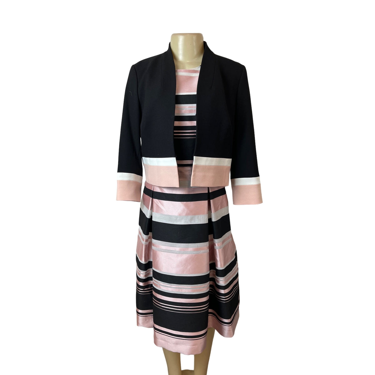 Hobbs London Womens Black Pink A-Line Striped Dress With Cropped Jacket Sz 8 New
