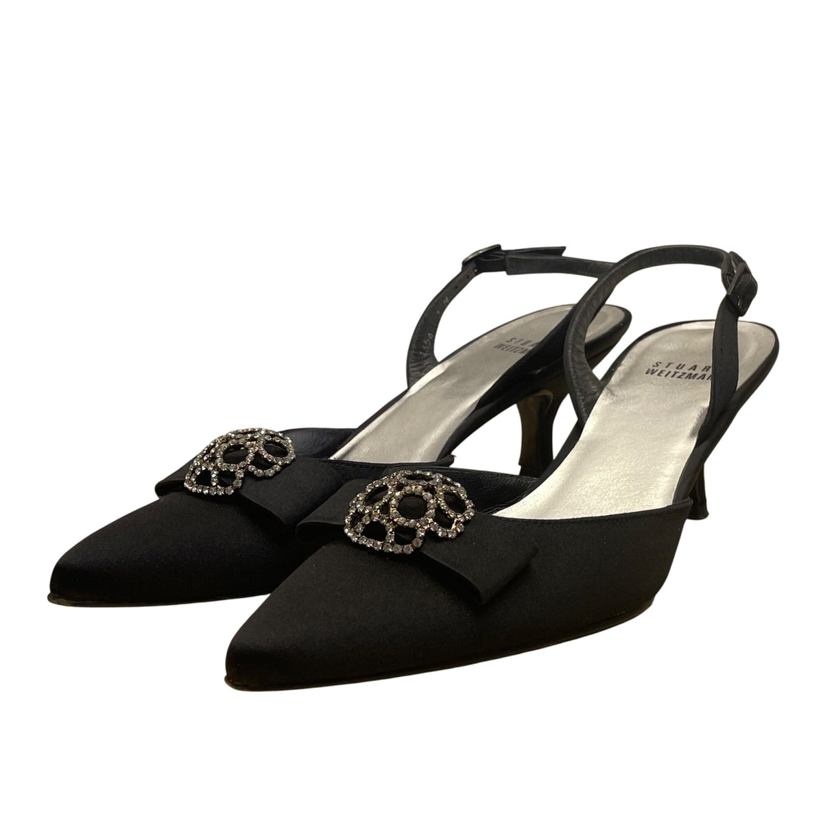 Stuart Weitzman Women’s Black Satin Rhinestone Froth honey Slingback Heels Sz 7M