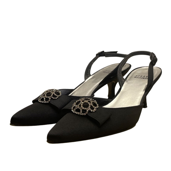 Stuart Weitzman Women’s Black Satin Rhinestone Froth honey Slingback Heels Sz 7M