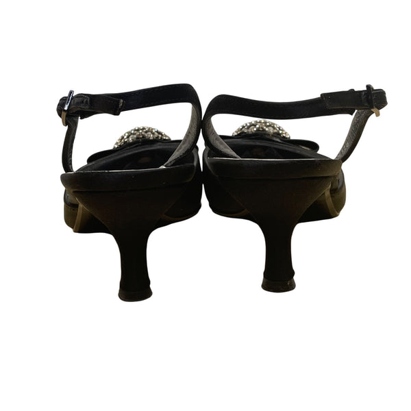 Stuart Weitzman Women’s Black Satin Rhinestone Froth honey Slingback Heels Sz 7M