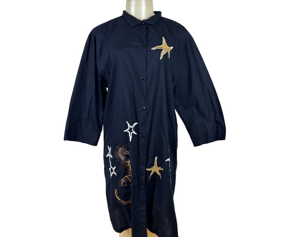 Michael Simon Women's Black Button-Up Tunic Dress With Embroidery Sz L - New