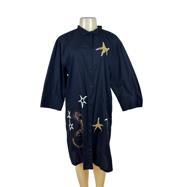 Michael Simon Women's Black Button-Up Tunic Dress With Embroidery Sz L - New