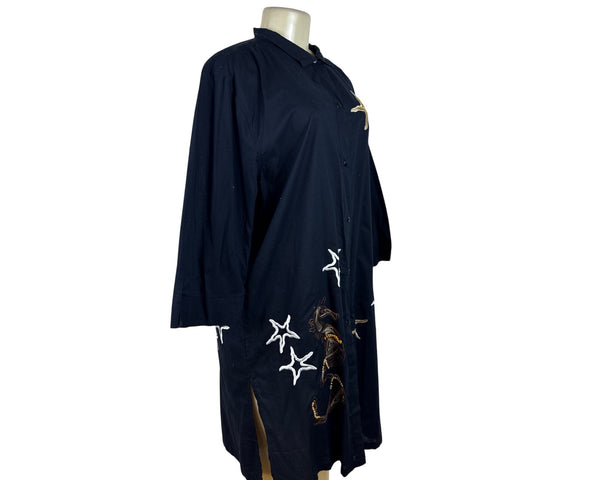Michael Simon Women's Black Button-Up Tunic Dress With Embroidery Sz L - New