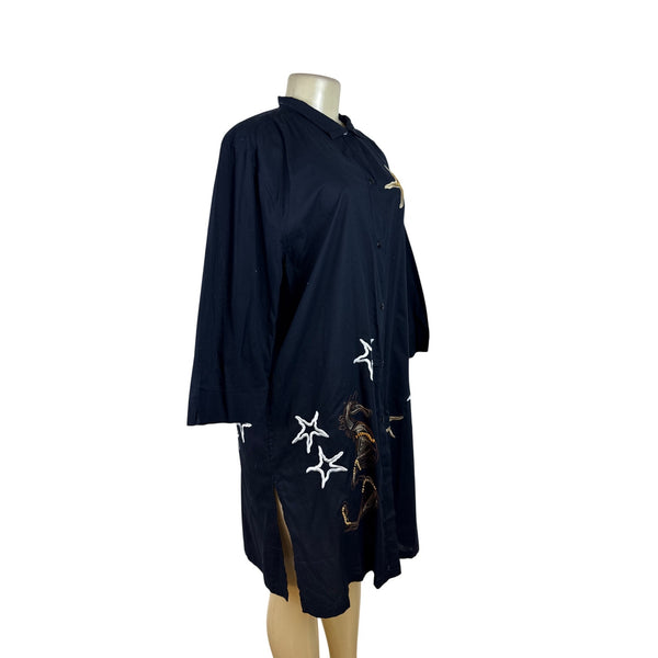 Michael Simon Women's Black Button-Up Tunic Dress With Embroidery Sz L - New