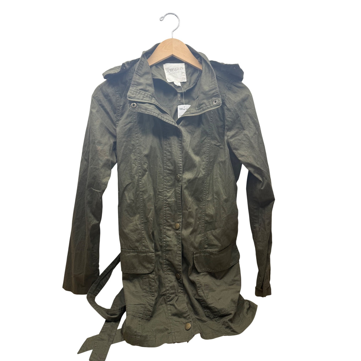 Forever 21 Womens Olive Casual Jacket Belted Lightweight Hooded Size S