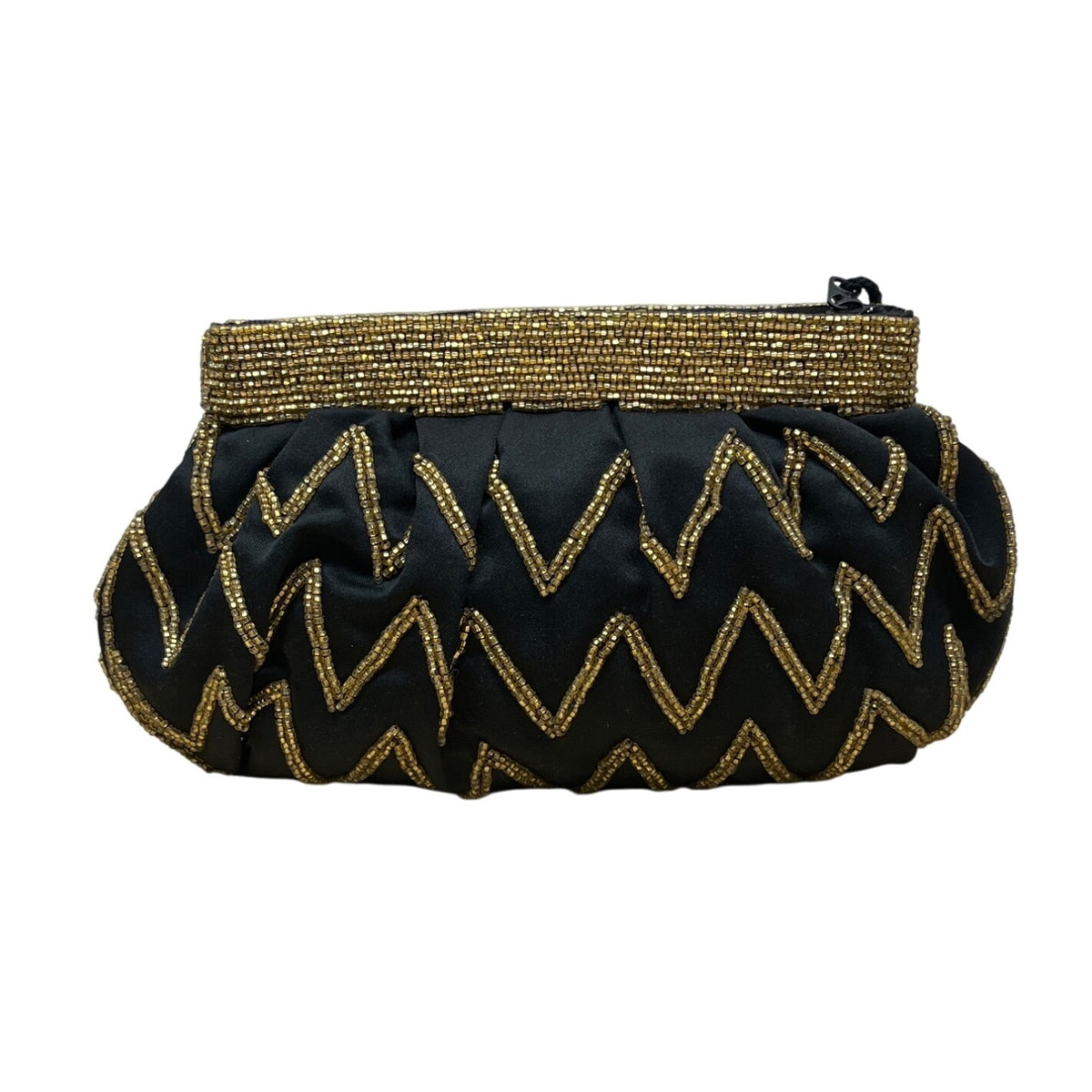 Vintage Genie Black Gold Beaded Zigzag Design Zipper Closure Evening Clutch Size S