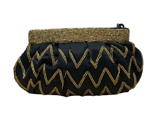 Vintage Genie Black Gold Beaded Zigzag Design Zipper Closure Evening Clutch Size S