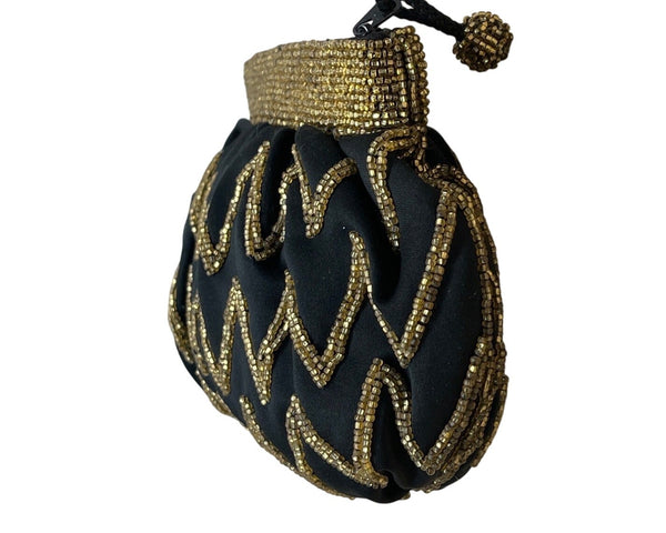Vintage Genie Black Gold Beaded Zigzag Design Zipper Closure Evening Clutch Size S