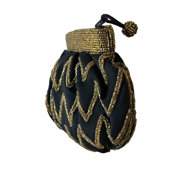 Vintage Genie Black Gold Beaded Zigzag Design Zipper Closure Evening Clutch Size S