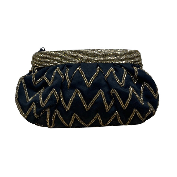 Vintage Genie Black Gold Beaded Zigzag Design Zipper Closure Evening Clutch Size S