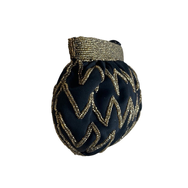 Vintage Genie Black Gold Beaded Zigzag Design Zipper Closure Evening Clutch Size S