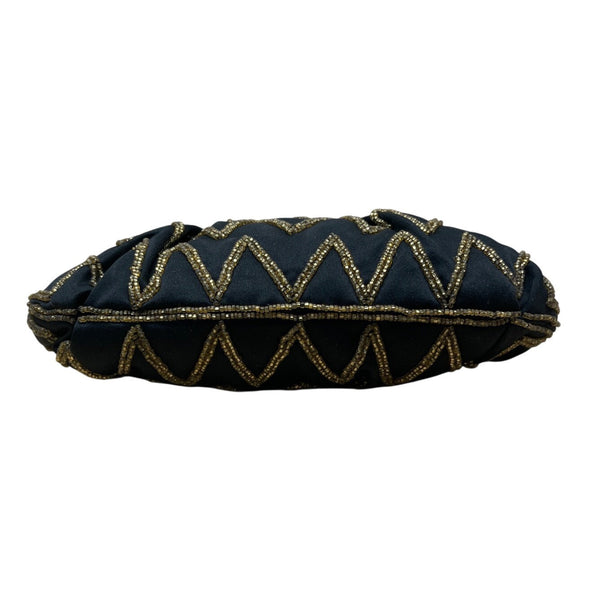 Vintage Genie Black Gold Beaded Zigzag Design Zipper Closure Evening Clutch Size S
