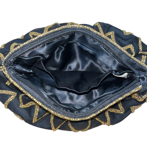 Vintage Genie Black Gold Beaded Zigzag Design Zipper Closure Evening Clutch Size S