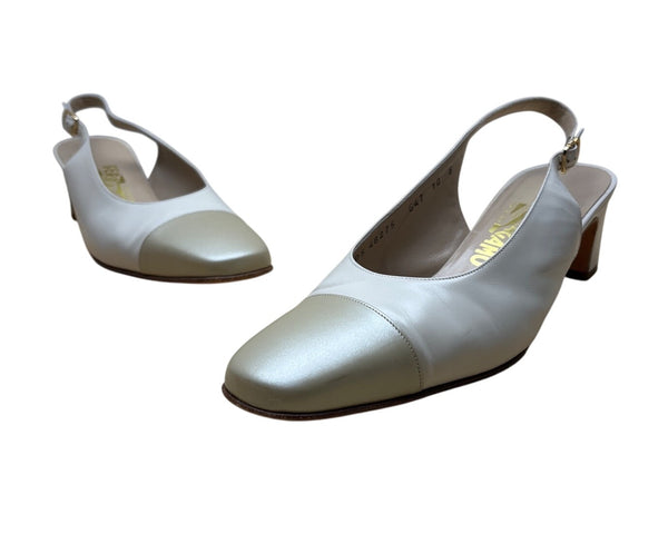 Salvatore Ferragamo Beige Nudo Calf Leather Slingback Delier Block Heels Sz 10B