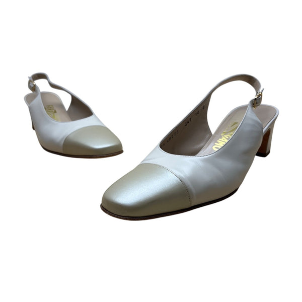 Salvatore Ferragamo Beige Nudo Calf Leather Slingback Delier Block Heels Sz 10B