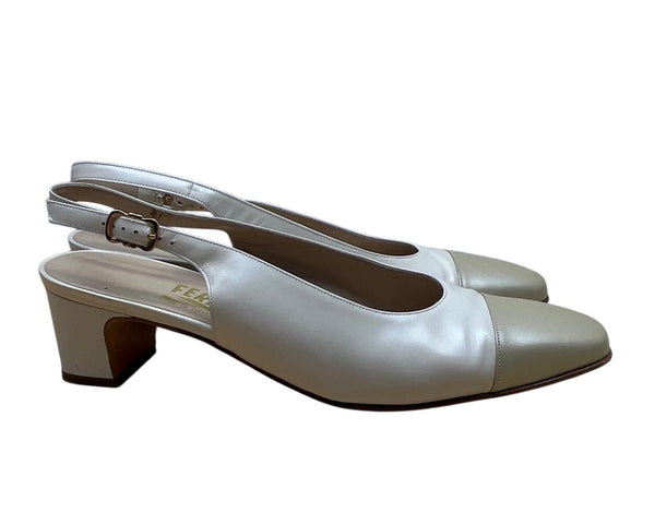 Salvatore Ferragamo Beige Nudo Calf Leather Slingback Delier Block Heels Sz 10B