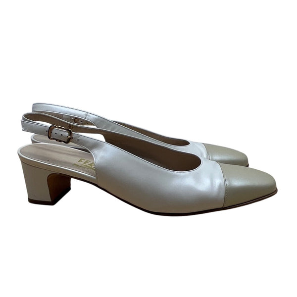 Salvatore Ferragamo Beige Nudo Calf Leather Slingback Delier Block Heels Sz 10B