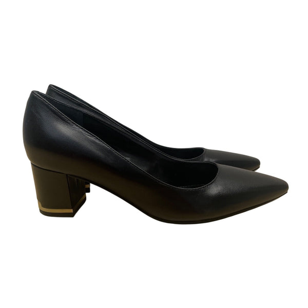 Calvin Klein Black Leather Gold Accent Nita Block Heel Pumps Size 7.5M