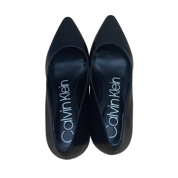 Calvin Klein Black Leather Gold Accent Nita Block Heel Pumps Size 7.5M