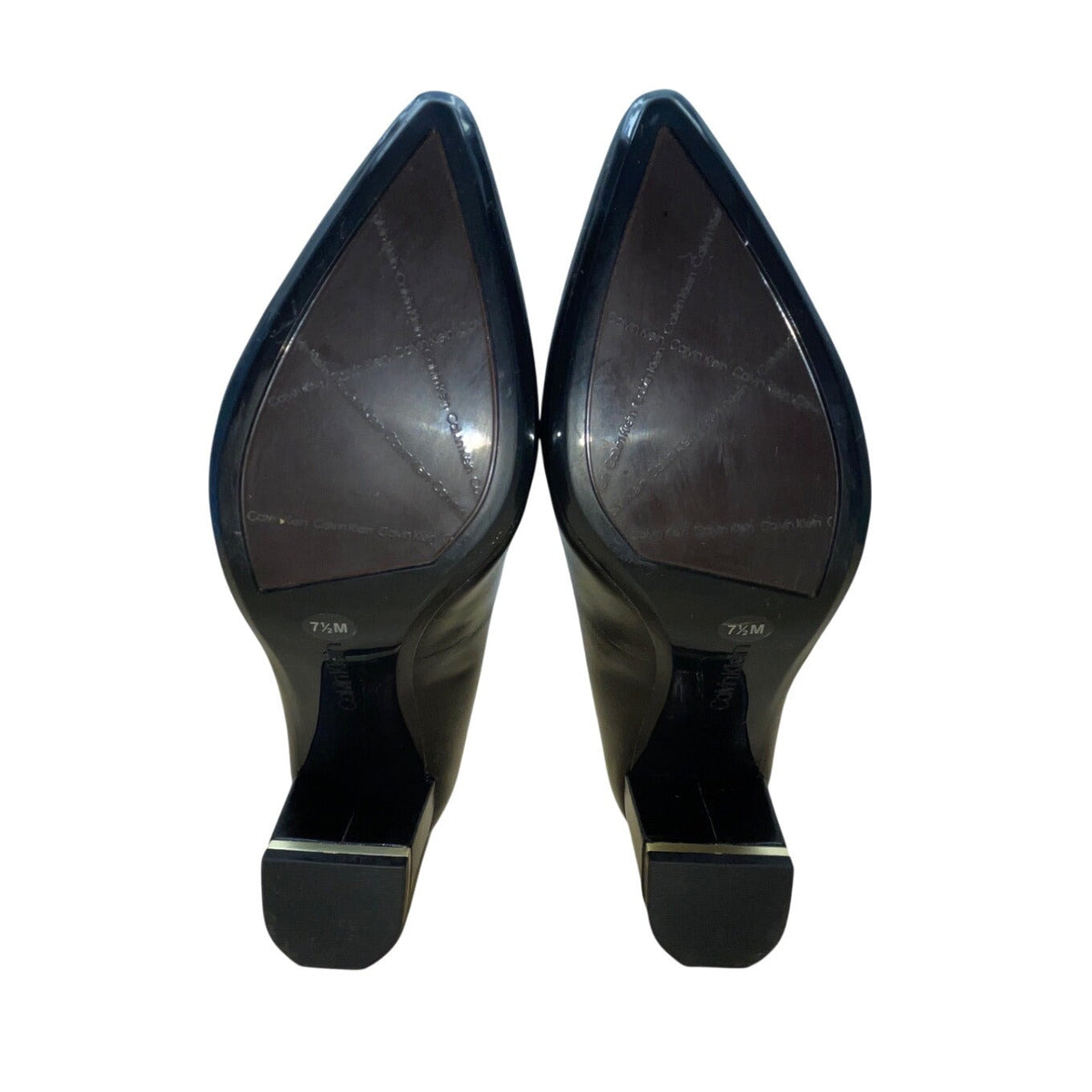Calvin Klein Black Leather Gold Accent Nita Block Heel Pumps Size 7.5M